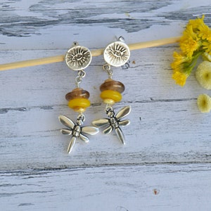 Dragonfly baumeln Ohrringe, Perlen Ohrringe mit hypoallergenen Ohrstecker, bunten Schmuck, Spanisch handgemachten Schmuck mit Silber Zamak