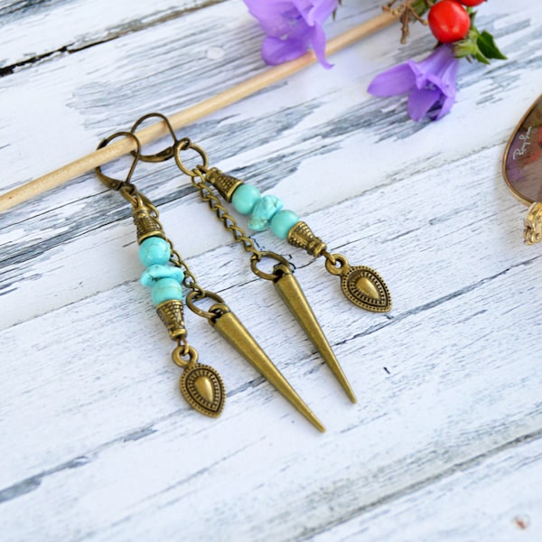 Longues boucles d'oreilles pour femmes en turquoise style navajo, bijoux ethniques et rustiques, cadeau boho, boucles d'oreilles épi chaîne.