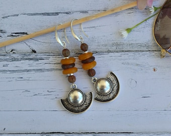 Ethnic earrings silver, statement earrings dangle, bohemian jewelry women, tribaljewelery, Ibiza jewelry, earthy gifts,  shield earrings