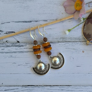 Ethnic earrings silver, statement earrings dangle, bohemian jewelry women, tribaljewelery, Ibiza jewelry, earthy gifts, shield earrings zdjęcie 1