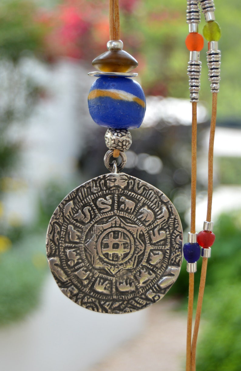 Long leather necklace with maya calendar Horoscope necklace for women Medallion necklace with silver pendant