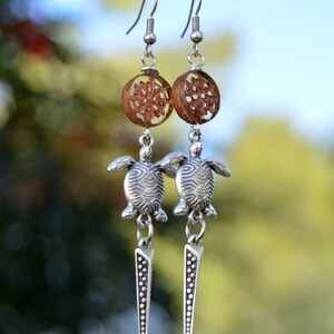 Long silver dangle earrings with sea turtle charm and Czech glass beads, Ocean dream earrings, summer jewelry silver image 7