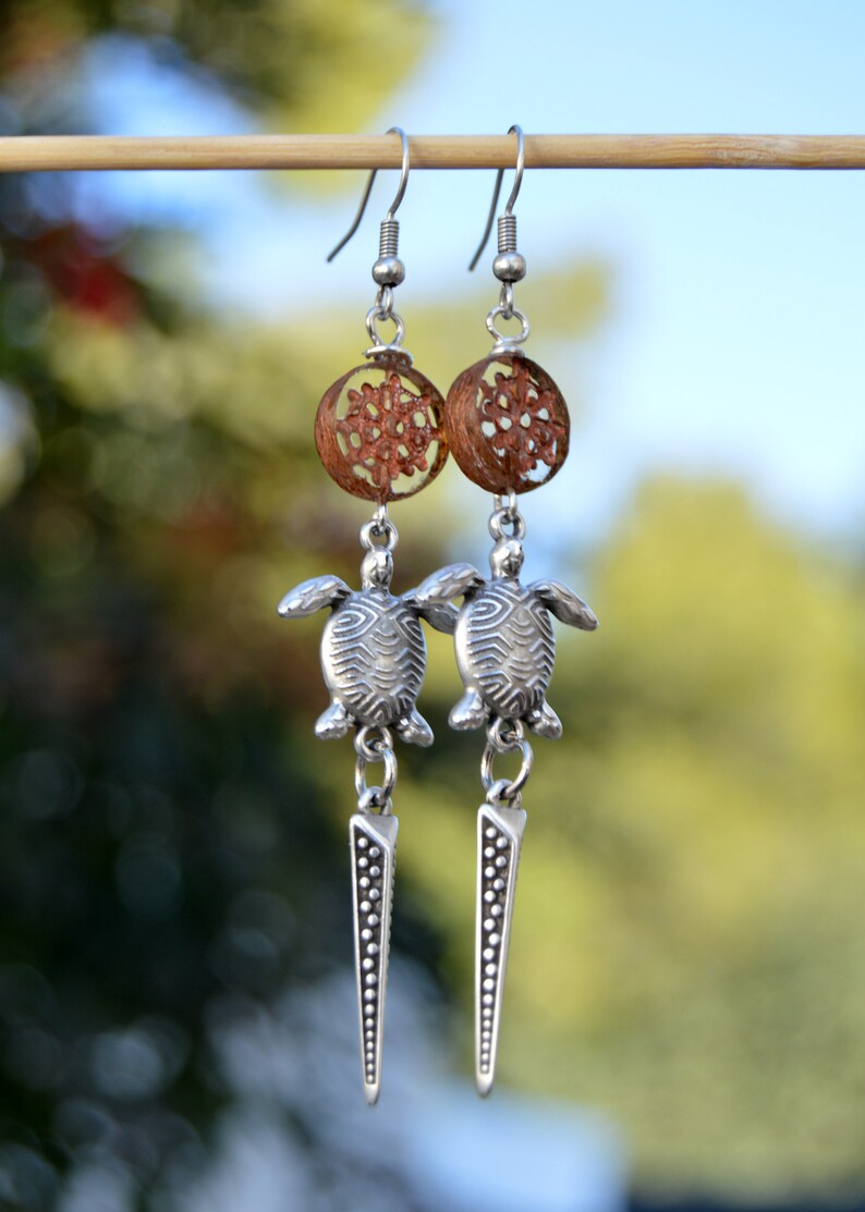 Long silver dangle earrings with sea turtle charm and Czech glass beads, Ocean dream earrings, summer jewelry silver image 7