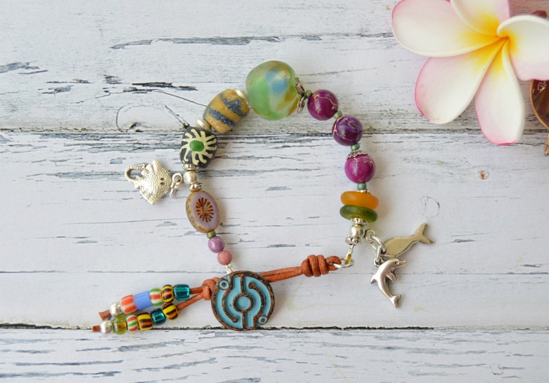 Eclectic bead bracelet with Ocean inspired charms and African trade beads, mixed media jewelry, Unique button bracelets, spanish jewelry image 1