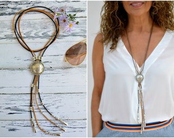 Boho long necklace, Leather lariat necklace, layered and long leather Y necklace, bolo tie necklace for women , Spanish jewelry, cowgirl