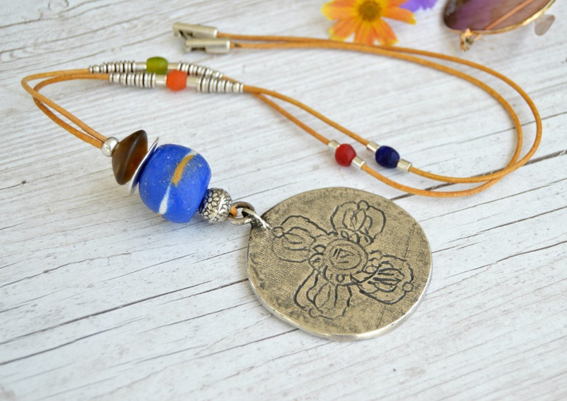Long leather necklace with maya calendar Horoscope necklace for women Medallion necklace with silver pendant