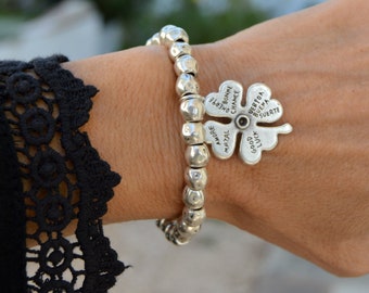 Bracelet porte-bonheur avec trèfle à quatre feuilles, bracelet boule d'argent pour femme, bijoux boho, bijoux faits à la main, cadeau pour elle, bracelet en cuir