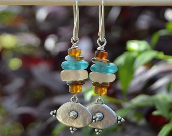 Pendientes de vidrio reciclado africano, pendientes tribales para mujer en estilo boho ibicenco, pendientes largos colgantes, joyas boho