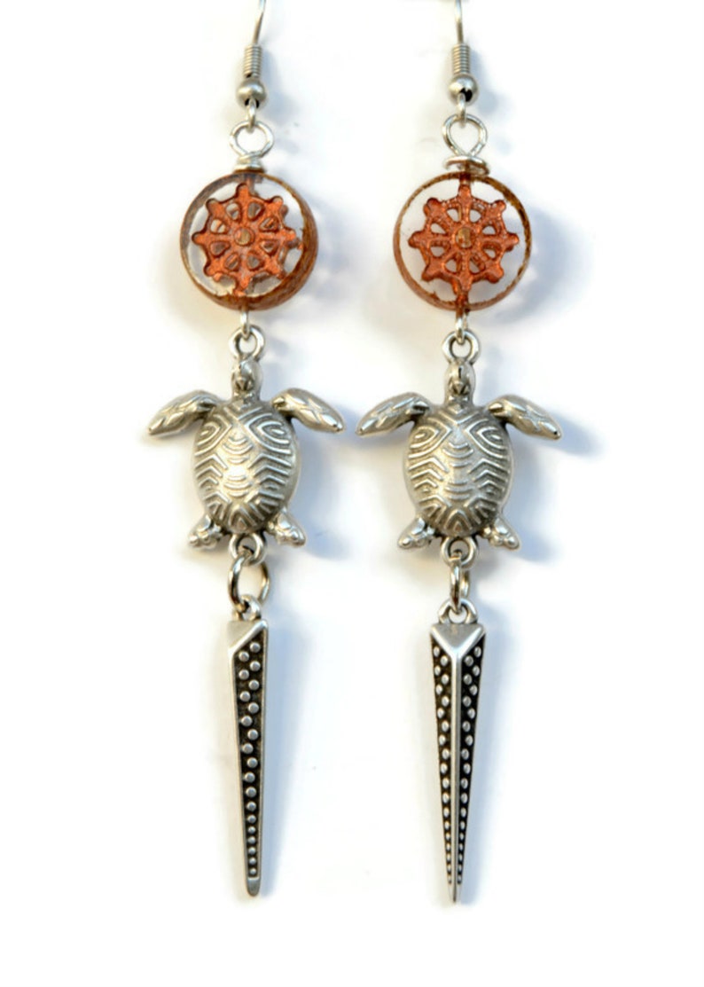 Pendientes tortuga de mar, Pendientes largos colgantes de plata Joyas inspiradas en el océano, Pendientes bohemios mujer, Joyas ibicencas, imagen 5