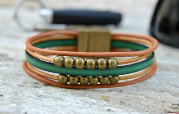Green Leather Bracelet Men: Beaded Bronze Magnetic Clasp, Handmade