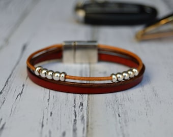 Thin leather bracelet men - Multilayer bracelet with magnetic clasp for guys - Birthdat gift for boyfriend