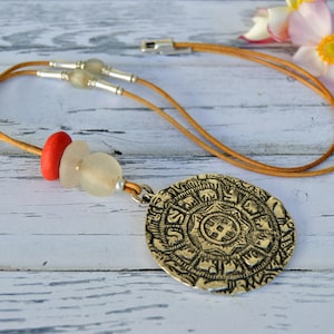Long leather necklace with maya calendar, Horoscope necklace for women, Medallion necklace with silver pendant, spanish zamak jewelry