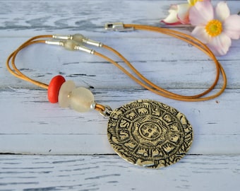 Long leather necklace with maya calendar, Horoscope necklace for women, Medallion necklace with silver pendant, spanish zamak jewelry