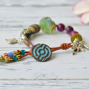 Eclectic bead bracelet with Ocean inspired charms and African trade beads, mixed media jewelry, Unique button bracelets, spanish jewelry image 3