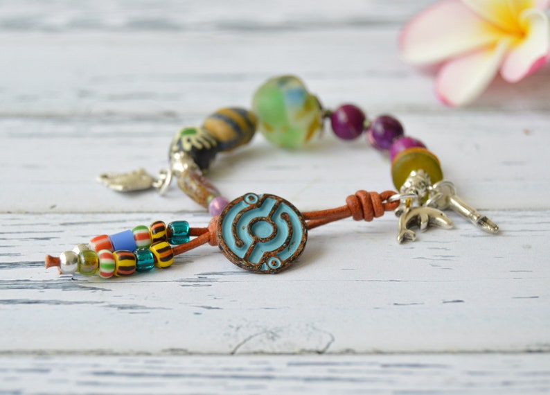 Eclectic bead bracelet with Ocean inspired charms and African trade beads, mixed media jewelry, Unique button bracelets, spanish jewelry image 3