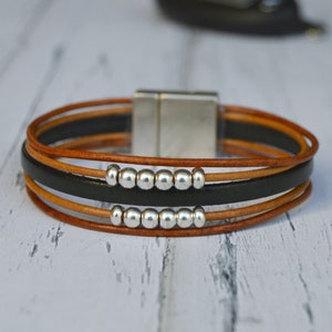 Leather bracelet men, Multi strand leather bangle, Multilayer bracelet for guys, magnetic clasp bracelet, Men jewelry, gift for husband image 1
