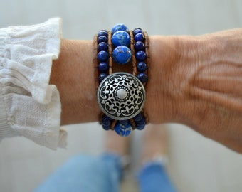 Leather and stone bracelet for women, leather and bead cuff, lapislazuli jasper bracelet, rustic boho jewelry, spanish jewelry, unique gift