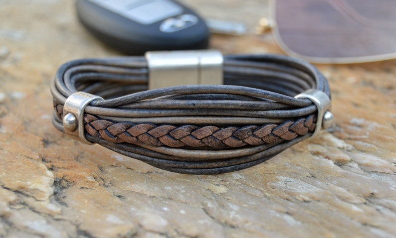 Blanco 6 mm Brazalete De Cuero Real Grueso Para Hombre con cierre magnético