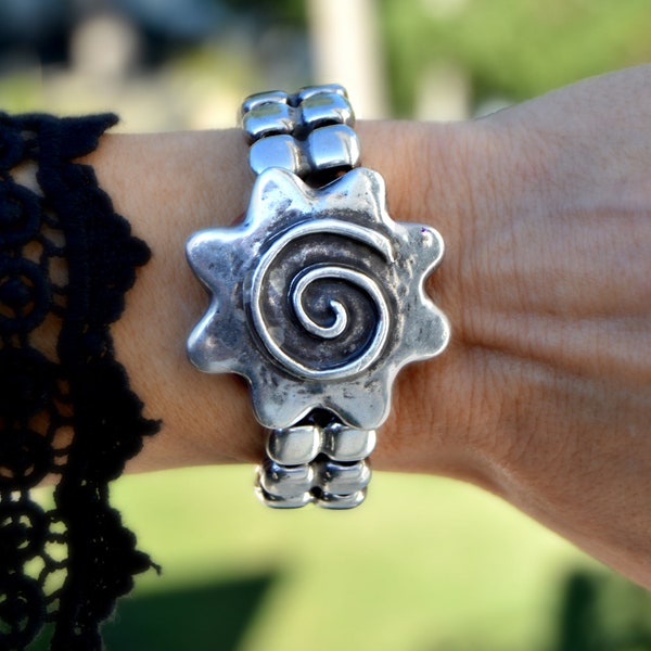 Bracelet viking femme, bracelet spirale celtic avec cuir et zamak, bijoux celtique, gros bracelet manchette, bijoux espagnols
