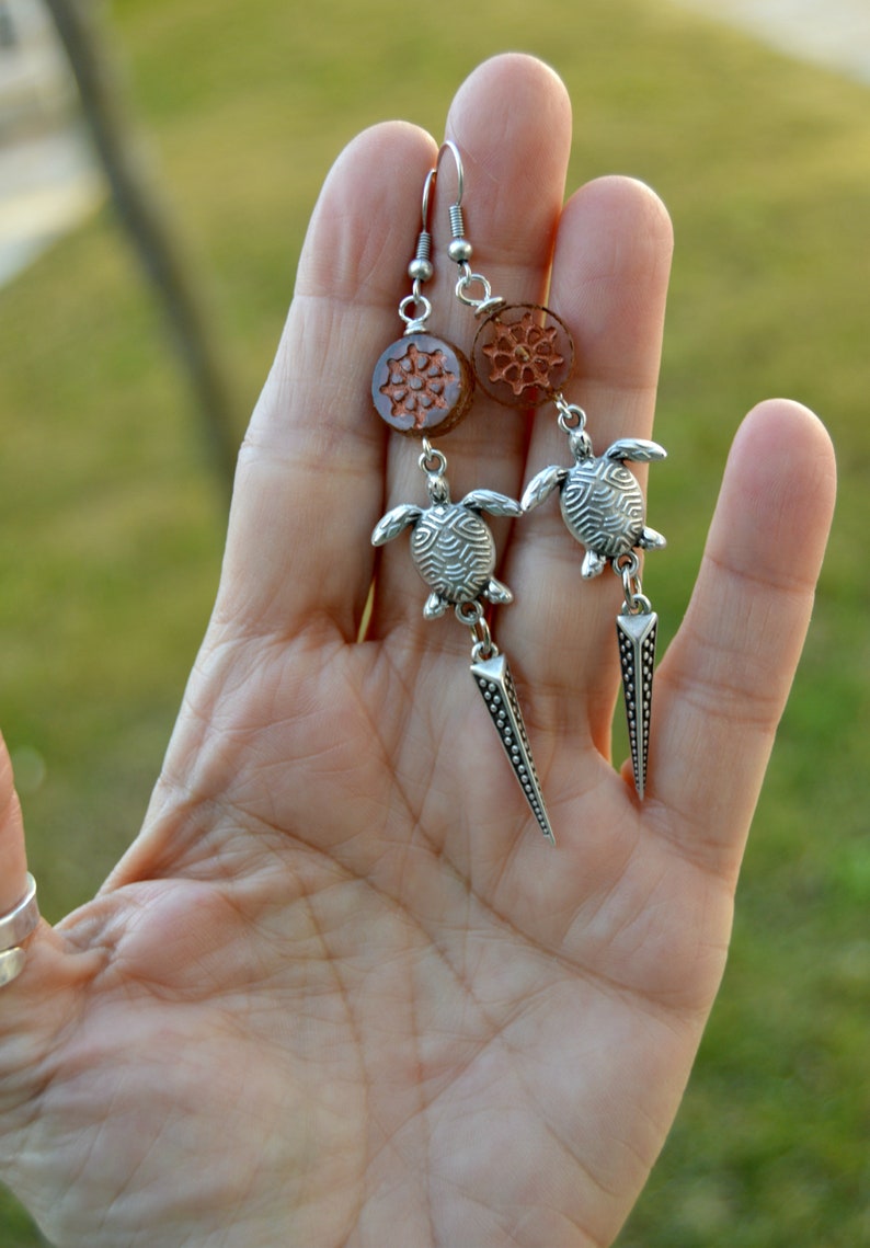 Long silver dangle earrings with sea turtle charm and Czech glass beads, Ocean dream earrings, summer jewelry silver image 5