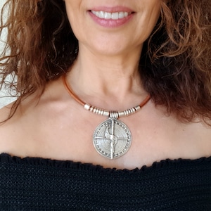 Big pendant necklace, Viking leather necklace for women with large silver pendant, Boho chic statement necklace