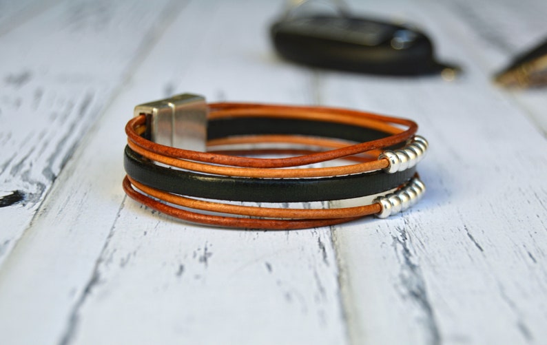 Leather bracelet men, Multi strand leather bangle, Multilayer bracelet for guys, magnetic clasp bracelet, Men jewelry, gift for husband image 2