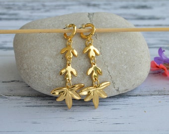 Gold dangle hoop earrings for women, Leaf earrings stud, statement gold earrings, Spanish jewelry, gift for her under 50, chunky earrings