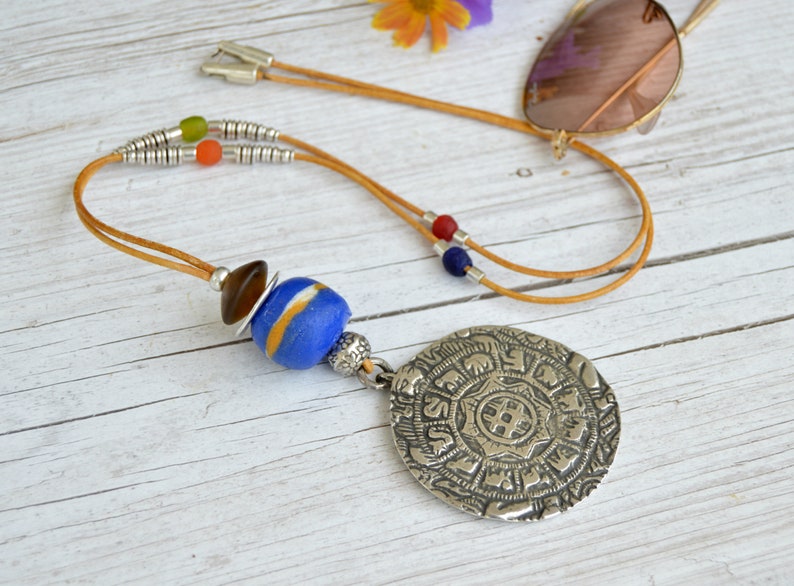 Long leather necklace with maya calendar Horoscope necklace for women Medallion necklace with silver pendant