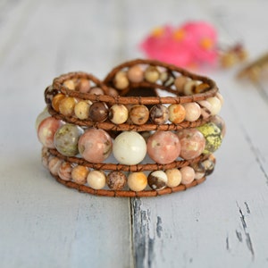 Natural Stone Leather Bracelet Pink Opal & Australian Jasper Spanish Jewelry Unusual Gift for Her image 4