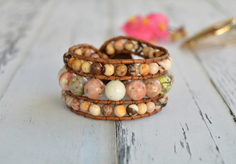 Natural Stone Leather Bracelet Pink Opal & Australian Jasper Spanish Jewelry Unusual Gift for Her image 4