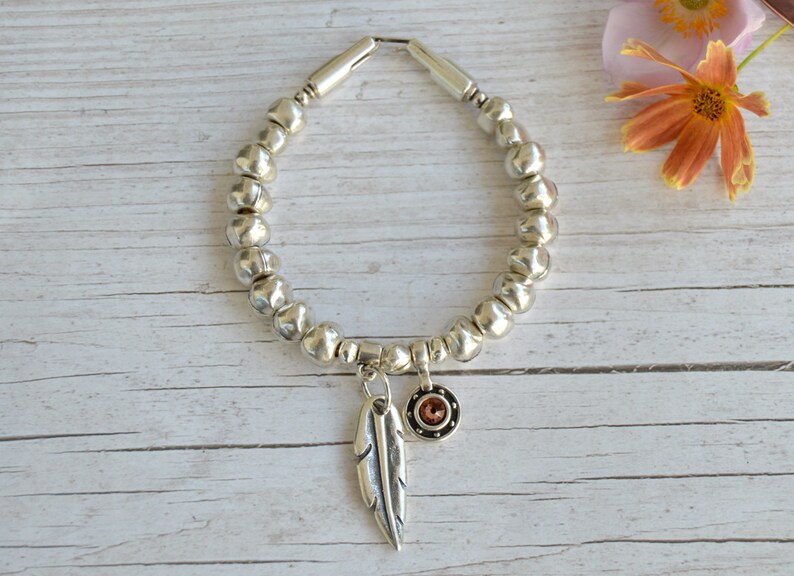 silver ball bracelet spanish jewelry zamak jewelry urban rustic jewelry Silver bracelet charms for women feather bracelet