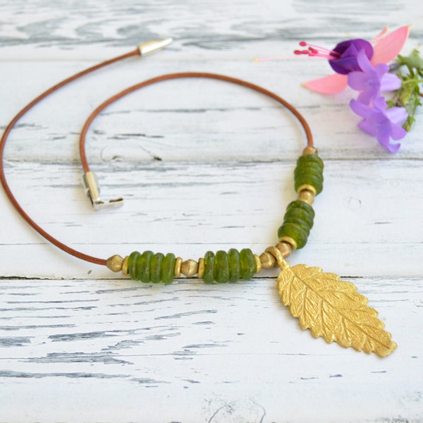 Leaf necklace with African Bronze pendant and trade beads, golden statement necklace women, Ethnic jewelry