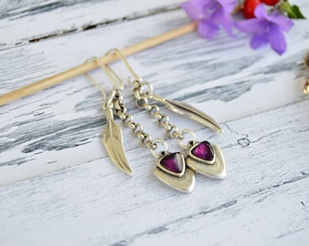 Pendientes con pluma plata para mujer, pendientes largos violeta con cadena y colgantes, regalo de joyas boho de menos de 20, joyas española