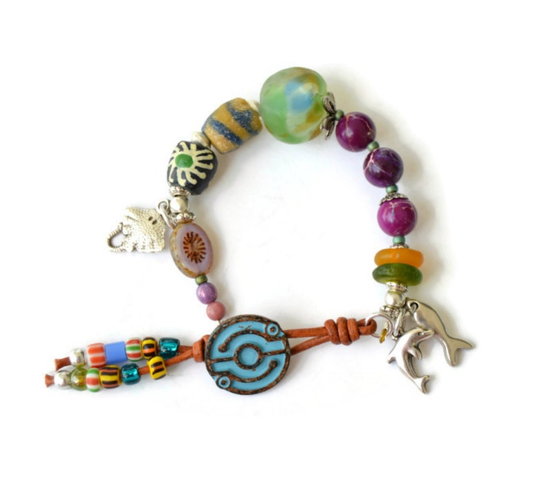 Eclectic bead bracelet with Ocean inspired charms and African trade beads, mixed media jewelry, Unique button bracelets, spanish jewelry image 6