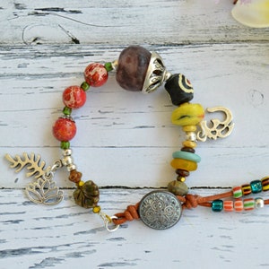 Boho-Ethnic Bracelet  with African Beads, and Red Jasper, eclectic jewelry, colorful bracelet silver, Ooak bracelet, spanish jewelry