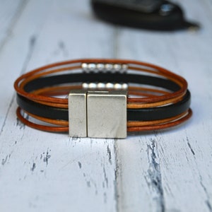 Leather bracelet men, Multi strand leather bangle, Multilayer bracelet for guys, magnetic clasp bracelet, Men jewelry, gift for husband image 3