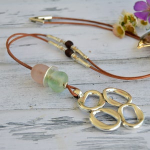 Silver pendant necklace for women, long leather necklace, squiggle necklace, statement necklace with big pendant, geometric necklace silver
