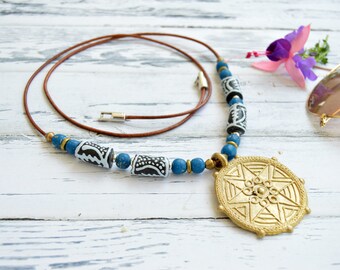 Dikke kettingkralen voor vrouwen, etnische sieraden met Afrikaanse handelskralen, blauwe statementketting, grote kralenketting, ongebruikelijke sieraden