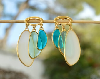 Long gold earrings for women, Blue glass earrings, layered stud earrings, Statement sky blue earrings, boho jewelry, Spanish jewelry