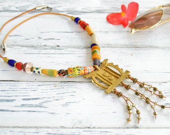 African necklace for women, golden beaded necklace, primitive jewelry, spanish jewelry, statement necklace, chunky pendant necklace,