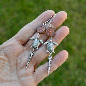 Long silver dangle earrings with sea turtle charm and Czech glass beads, Ocean dream earrings, summer jewelry silver image 4
