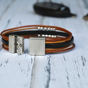 Leather bracelet men, Multi strand leather bangle, Multilayer bracelet for guys, magnetic clasp bracelet, Men jewelry, gift for husband image 4