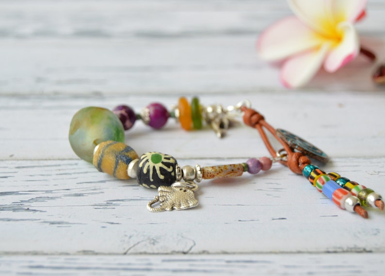 Eclectic bead bracelet with Ocean inspired charms and African trade beads, mixed media jewelry, Unique button bracelets, spanish jewelry image 4