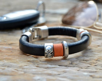 Pirate black leather bracelet with silver skulls, Hipster handmade jewelry, Modern vikign jewelry, statement gift for boyfriend