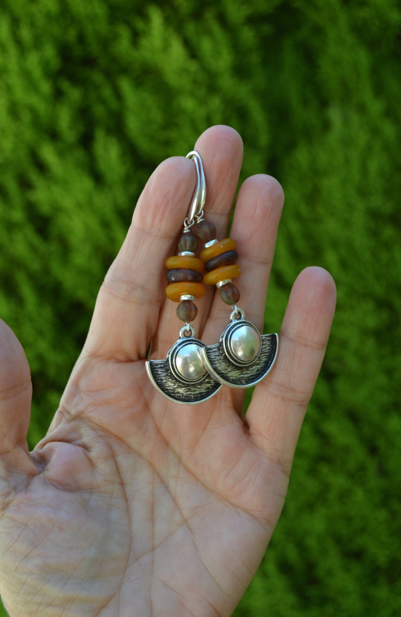 Ethnic earrings silver, statement earrings dangle, bohemian jewelry women, tribaljewelery, Ibiza jewelry, earthy gifts, shield earrings zdjęcie 4