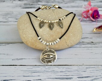 Leren gelaagde ketting: zilveren boze oog-hanger, etnische stijl