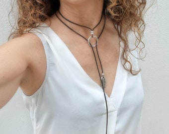 Leather Lariat Necklace: Silver Feather Pendant, Boho Cowgirl Jewelry