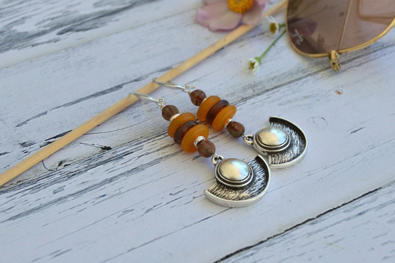 Ethnic earrings silver, statement earrings dangle, bohemian jewelry women, tribaljewelery, Ibiza jewelry, earthy gifts, shield earrings zdjęcie 2