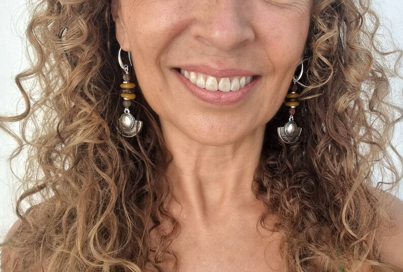Ethnic earrings silver, statement earrings dangle, bohemian jewelry women, tribaljewelery, Ibiza jewelry, earthy gifts, shield earrings zdjęcie 8