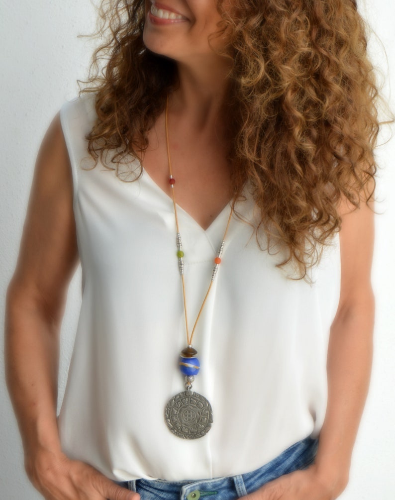 Long leather necklace with maya calendar Horoscope necklace for women Medallion necklace with silver pendant